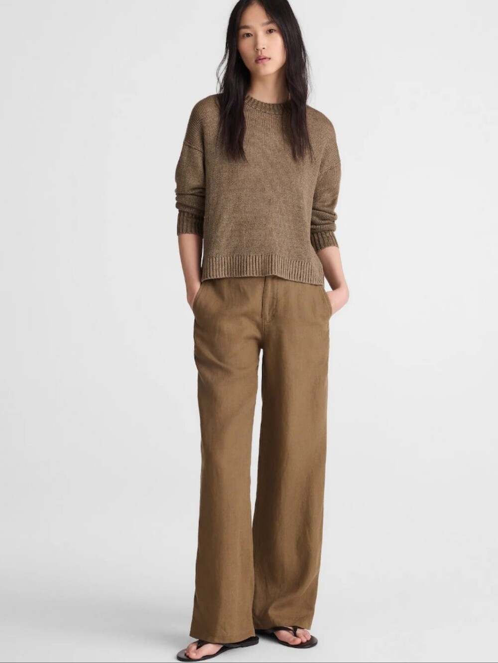 Madewell The Zoe Relaxed Straight Pant in 100% Linen NZ252 Size 10 Safari Khaki